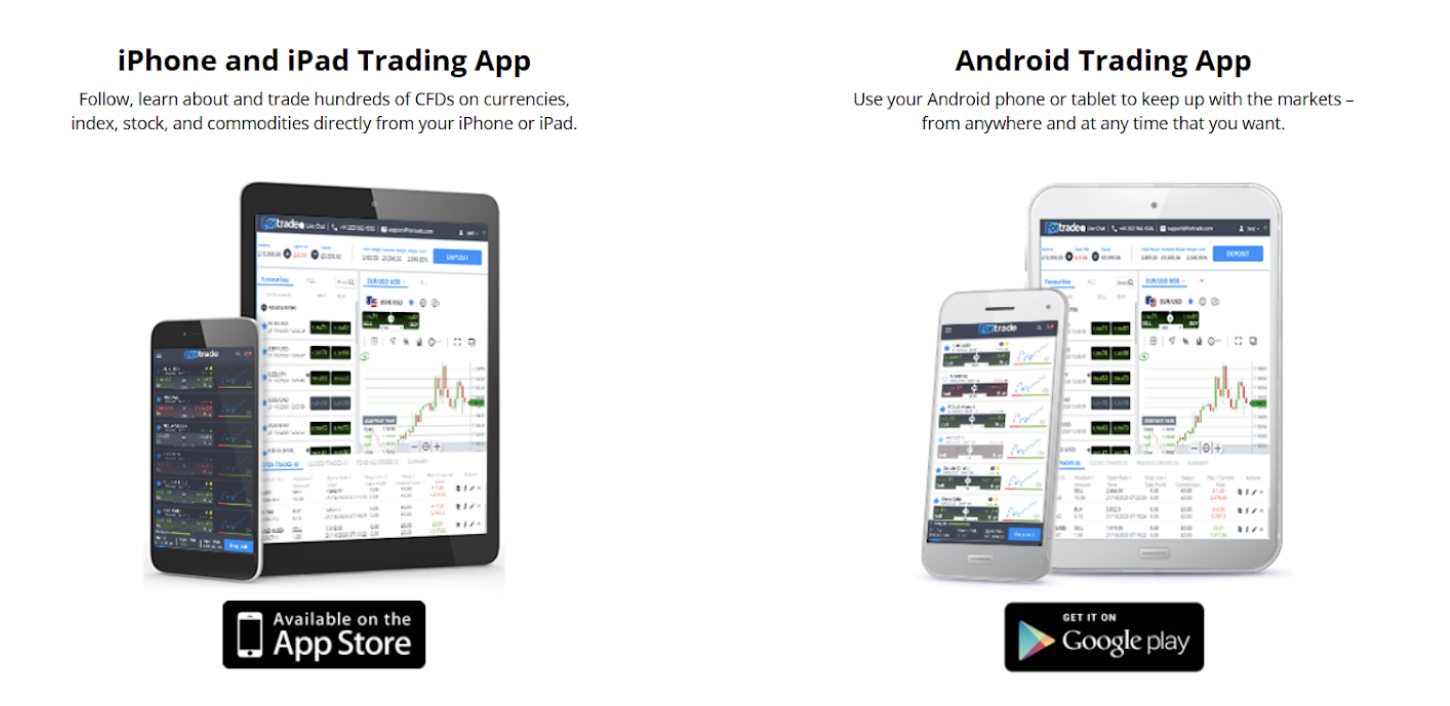 Fortrade mobile trading apps for iPhone and Android showing synchronized CFD trading tools
